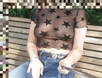 see-through blouse shows tits in public