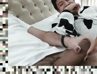 Dreichwe in a cow pijama sucking and riding my big uncut cock until he earns my hot milk