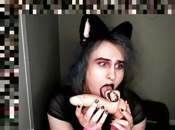 Goth trans cat girl gets her lipstick all over master's cock