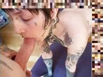 Tattooed 18 year old sucks and fucks Airbnb hosts thick cock