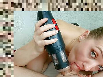 Unboxing and trying out new sex toy - male masturbator! Strong and massive orgasm