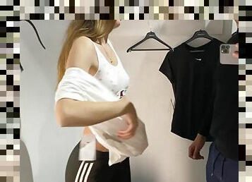 Blowjob in public changing room with huge cumshot all over clothing store