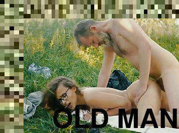 Girl Tempts Old Man And Gets It On With Him In The Greenery
