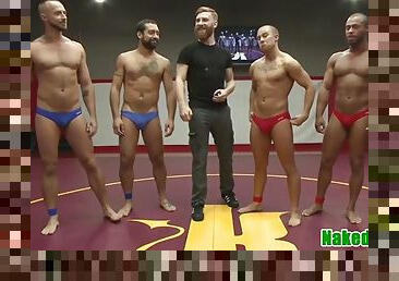 Muscular jocks wrestling naked in threesome