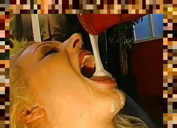 pornostjerne, gangbang, svelging, facial, cum, blond, bukkake