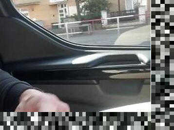cock chasing in the car outside, public