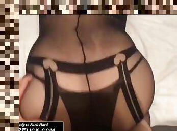 Stunning wife in sexy black lingerie enjoys riding her husband