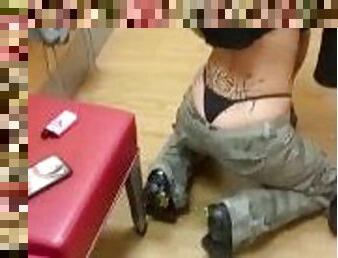(NEARLY CAUGHT)Young tattooed hottie deepthroats big cock in public change room