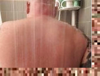 Chubby Tattooed Man Showering