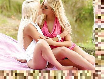 Blonde beauties share their lust for the pussy in exclusive lezzie scenes