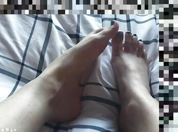 In bed with my bare feet and MiaNyxs fresh blue pedicure foot fetish and toe teasing