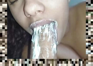 closeup of my little mouth in an extreme gagging, making him moan with lust until his creampie drips