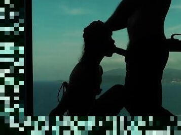 Artistic silhouette - Tied up Asian teen sucking dick with an ocean view - Baebi Hel