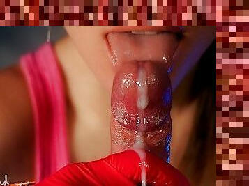 Close-up POV blowjob with huge cumshot, exciting cum play and oral creampie
