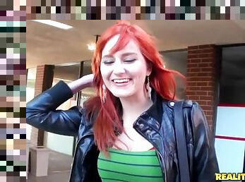 Redhead with pierced nipples sucks dick