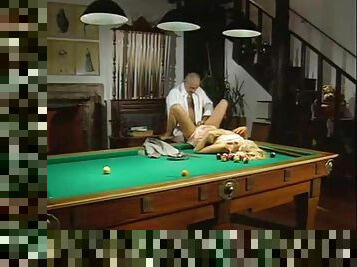 Girl watches a slut get fucked on the pool table