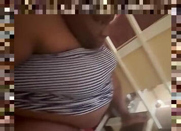 BIG BELLY EBONY RIDING DILDO ON STAIRS