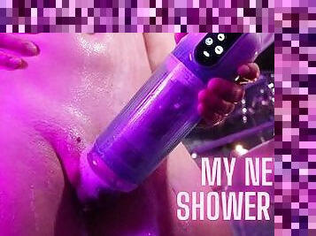 Boy with a big dick has fun in a shower with foam and his Sohimi Toy