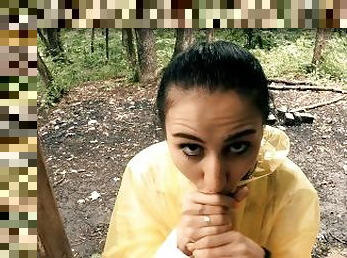 Black Lynn in Yellow Raincoat Sucking Cock in the Woods - Public Blowjob and Cum in Mouth