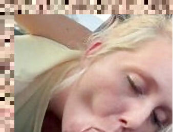 Public road cum swallow before going to see her mom. Blonde girl swallows cum