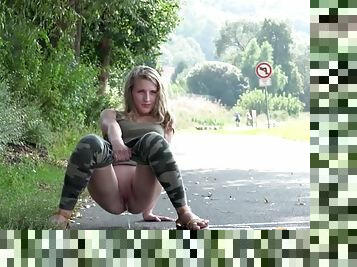 Public walkway pissing with a pretty blonde