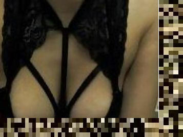 Lonely girl shows her breasts in close-up and gets into a doggy pose