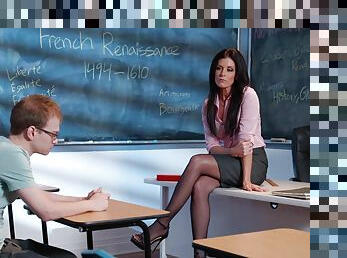 Aroused MILF teacher feels like stripping for this nerdy dude and his big dick