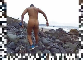 nudist, im-freien, öffentliche, dilettant, homosexuell, strand, gesichtspunkt, allein, exhibitionist, twink