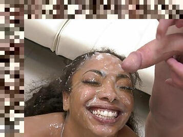 Nude facial after this slutty ebony devours pack of cocks like a pro