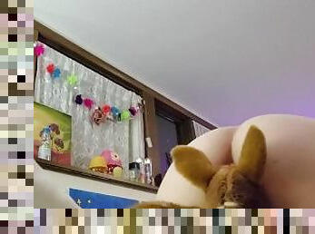 cute pudgy babygirl letting her plush toy deer soak in her sexy scents and wetness