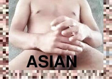 asiatisk, svær, onani, anal, cumshot, handjob, pikk