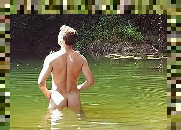 Jerking off after swimming naked in the river