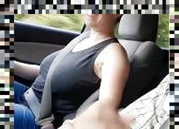 Flash my wife's horny friend in the car, and she plays with it