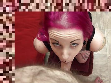Slutty redhead makes sure to suck it wet before pushing it up the butt hole