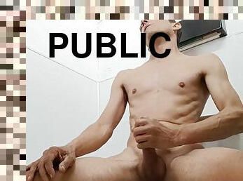 Jerking off naked with the door of a public toilet stall open: sperm control and a little caresses after