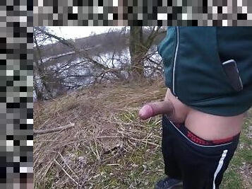 I walk along the lake while jerking off my neglected hard cock