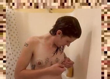 Transfem squeezes tits in shower