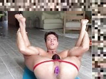 Yoga sesh in my jockstrap wearing my vibrator