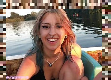 Alt schoolgirl loves giving footjobs while getting fingered on a boat sailing a public lake
