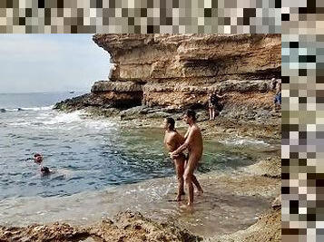 nudisti, vani, u-javnosti, amaterski, par, plaža, jebavanje