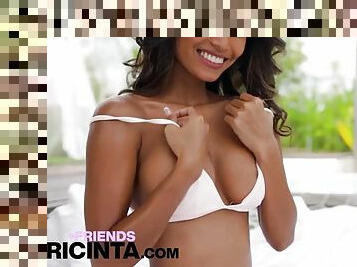Perfectly tanned model Putri Cinta opens up her tiny pussy