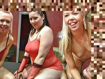 British blonde and brunette working the cocks well