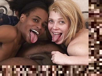 Freckled blonde and her ebony bestie share cock together in home FFM