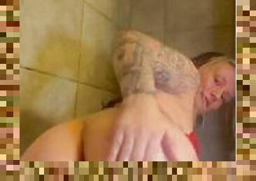 Hot blonde PAWG MILF fucks her favorite dildo during bath time