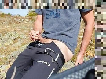 horny college guy jerks off in nature near a hiking trail  public wank