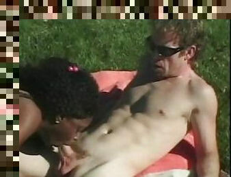 Cute black babe enjoying a nice hard fuck outdoors