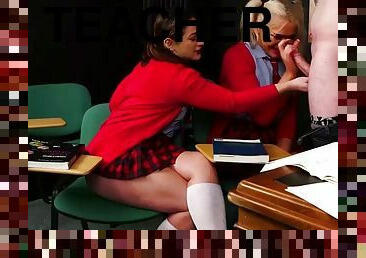 Teasing CFNM college sluts in uniform deepthroat teacher