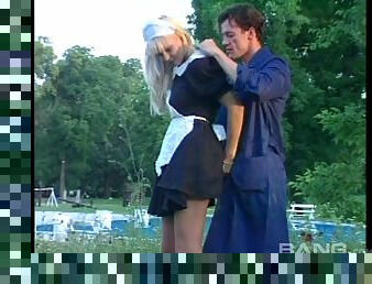 Alluring blonde babe in maid uniform enjoys getting pounded hardcore outdoors