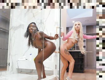 Ebony and blonde slut in full toy glory