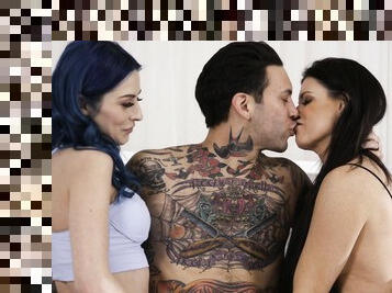 Tattooed guy fucks these fine ladies and floods them with his load